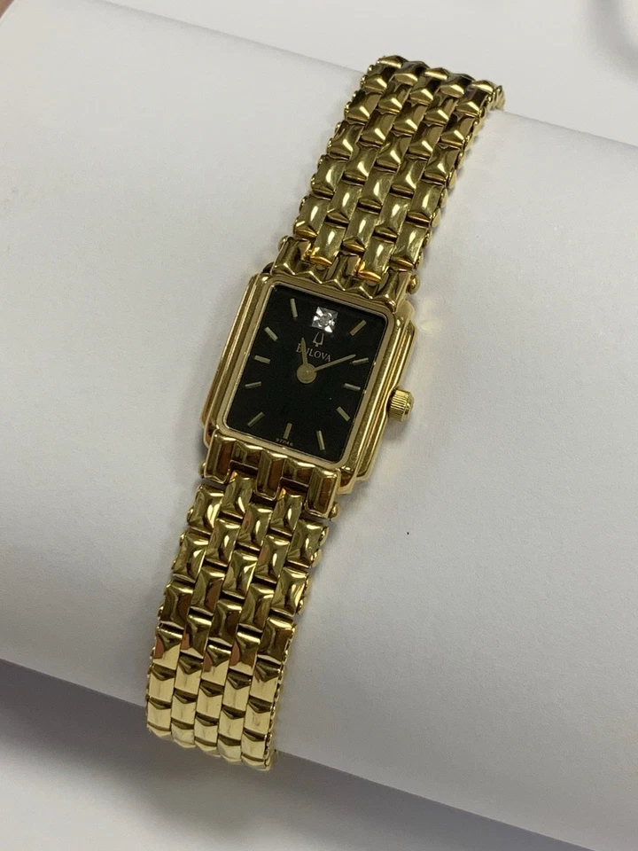 Bulova Tank Watch Women 17mm Gold Tone Black Dial 97P46 A3 New Battery - Image 4 of 4