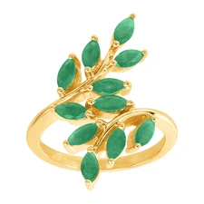Finecraft Natural Emerald Laurel Leaf Bypass Ring in 10K Yellow Gold