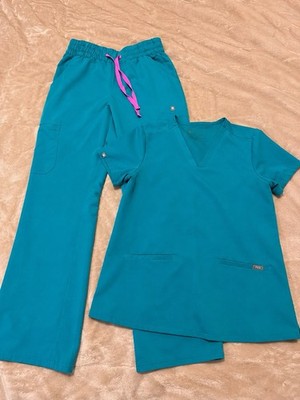 Figs Scrub Set Technical Collection Teal With Pink Tie Worn 1x Excellent Shape