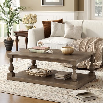 Modern Wooden Coffee Table w/ Storage Shelf & Solid Wood Legs & Vintage Style