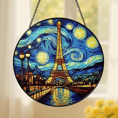 Eiffel Tower Stained Glass Suncatcher, Paris Starry Night Window Hanging Ornamen