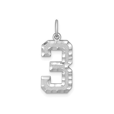 14k White Gold Number 3 Pendant Unisex Textured Polished Charm for Necklace
