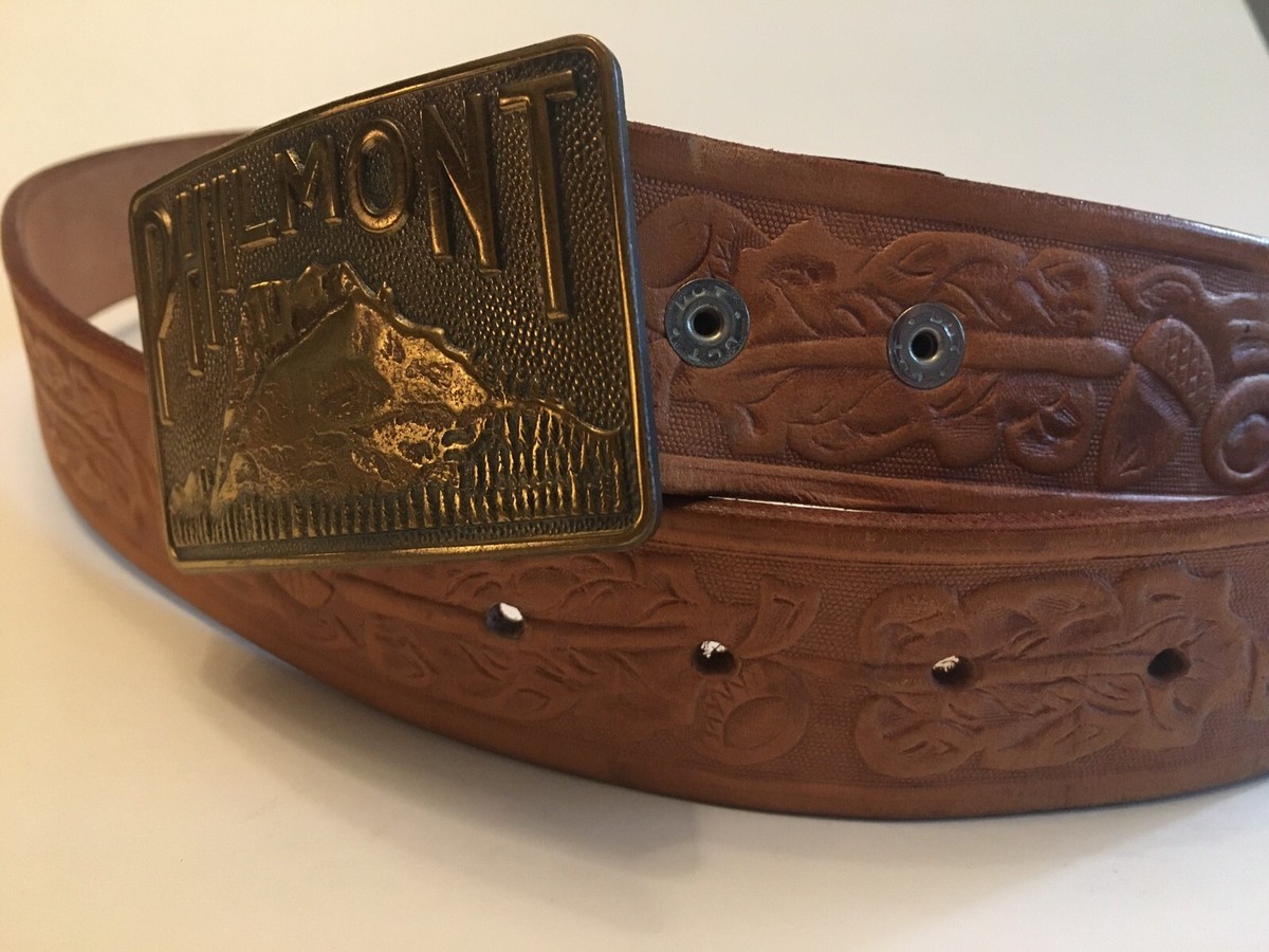 VTG NOS PHILMONT BRASS BUCKLE & TOOLED LEATHER WESTERN BELT  display picture 1