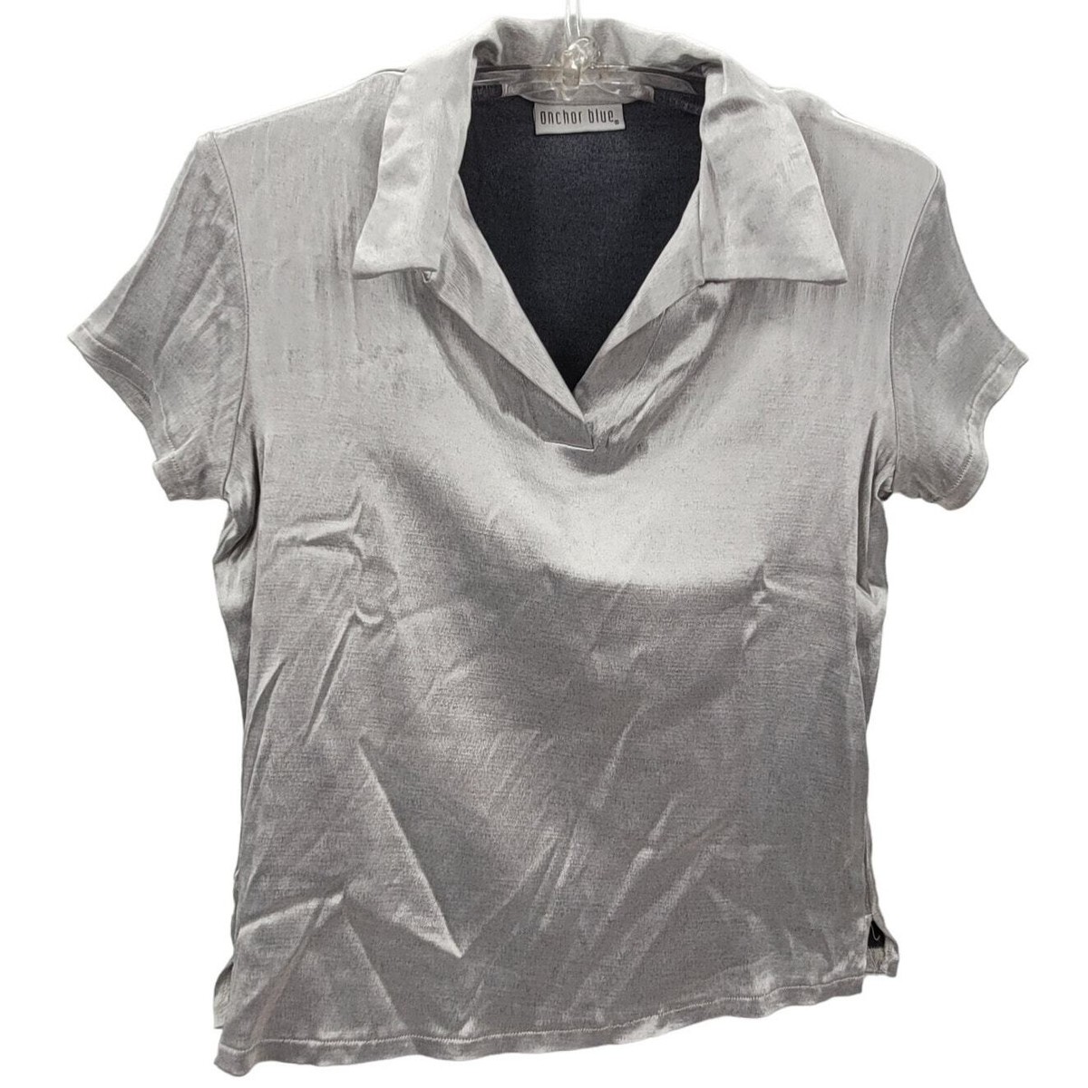 Anchor Blue Shimmery Gray Stretchy Short Sleeve Blouse Top Cybercore