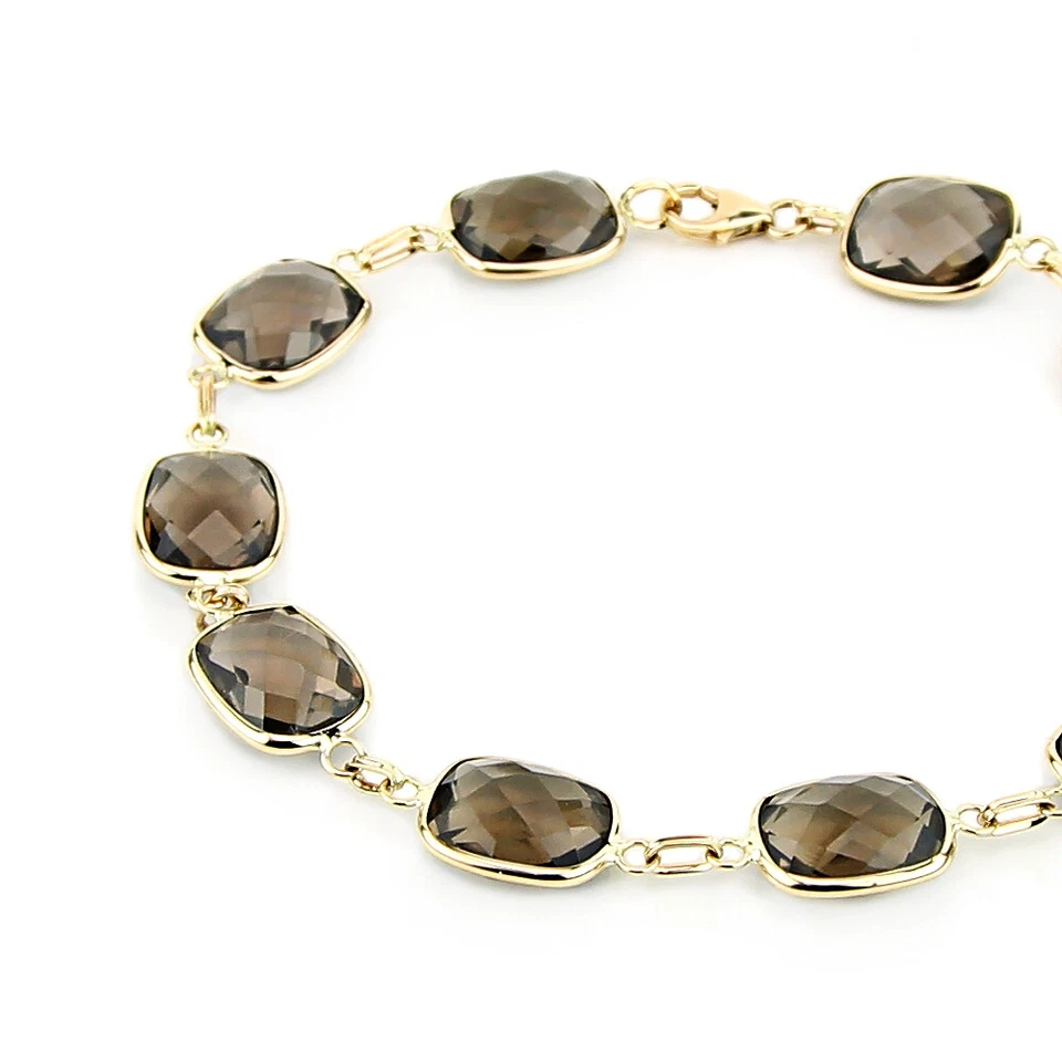 Brazalete Estación Oro Amarillo 14K con Piedras Preciosas Topacio Ahumado Corte Cojín 8.5 Pulgadas Foto 3 de 3