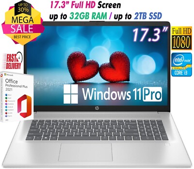 HP Laptop 17.3'' HD+ Intel i3-N305 Up to 32GB RAM & 2TB SSD Windows11 Pro+OFFICE