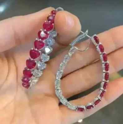 2.5Ct Heart Cut Lab Created Red Ruby Drop & Dangle Earring 14K White Gold Plated