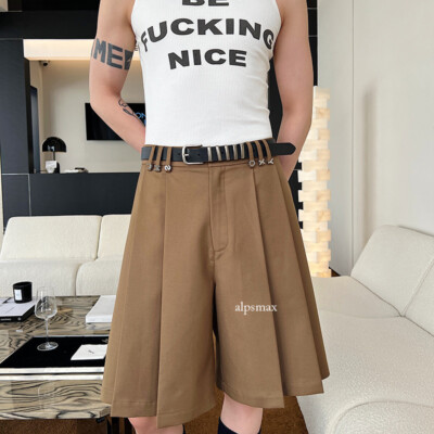 Mens Zip Up Pleated Flared Short Pants Casual Loose Suit Shorts