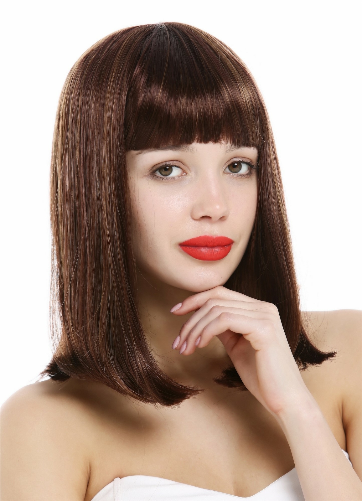 Wig Clavi Long Bob Women Shoulder Length Smooth Bangs Red Brown Highlighted