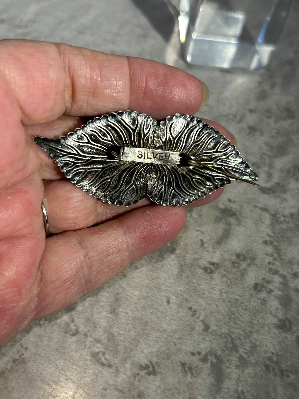 DOUBLE LEAF STATEMENT SILVER PIN WITH GREEN TURQU… - image 4