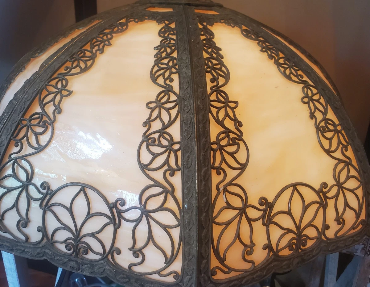 LAMP SHADE panel SLAG GLASS antique FILIGREE overlay HUGE old