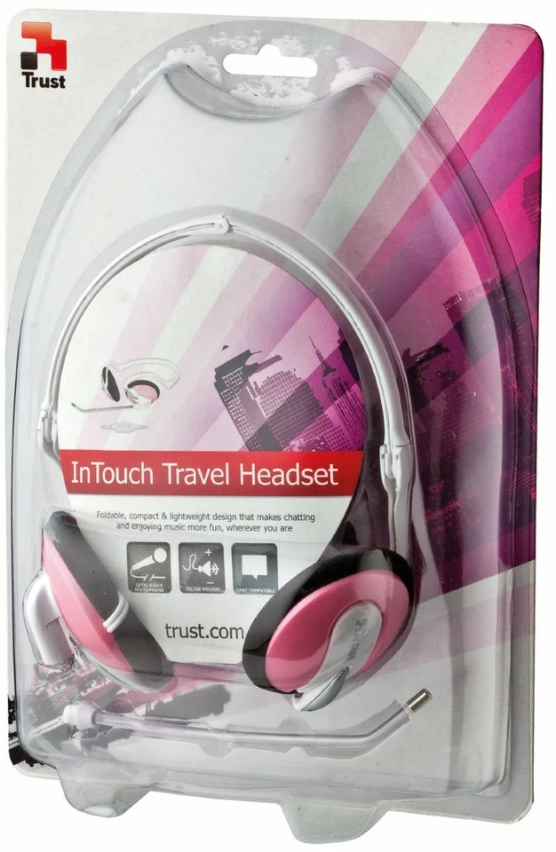 TRUST 16165 FOLDING PINK INTOUCH HEADSET HEADPHONES + MIC, INLINE VOLUME CONTROL - Image 3 of 3