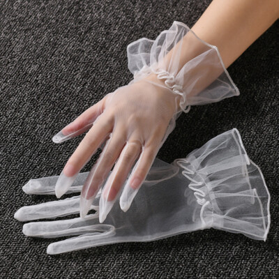 Women Sheer Mesh Gloves Full Finger Short Mittens Opera Evening Party Bridal