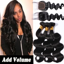 3 Bundles With Closure Unprocessed Malaysian Virgin Human Hair Weaves Weft Q419