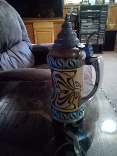 Vintage German Hand Painted 9 1/2 Inch Pewter Lidded Beer Stein #1149 - Picture 3 of 11