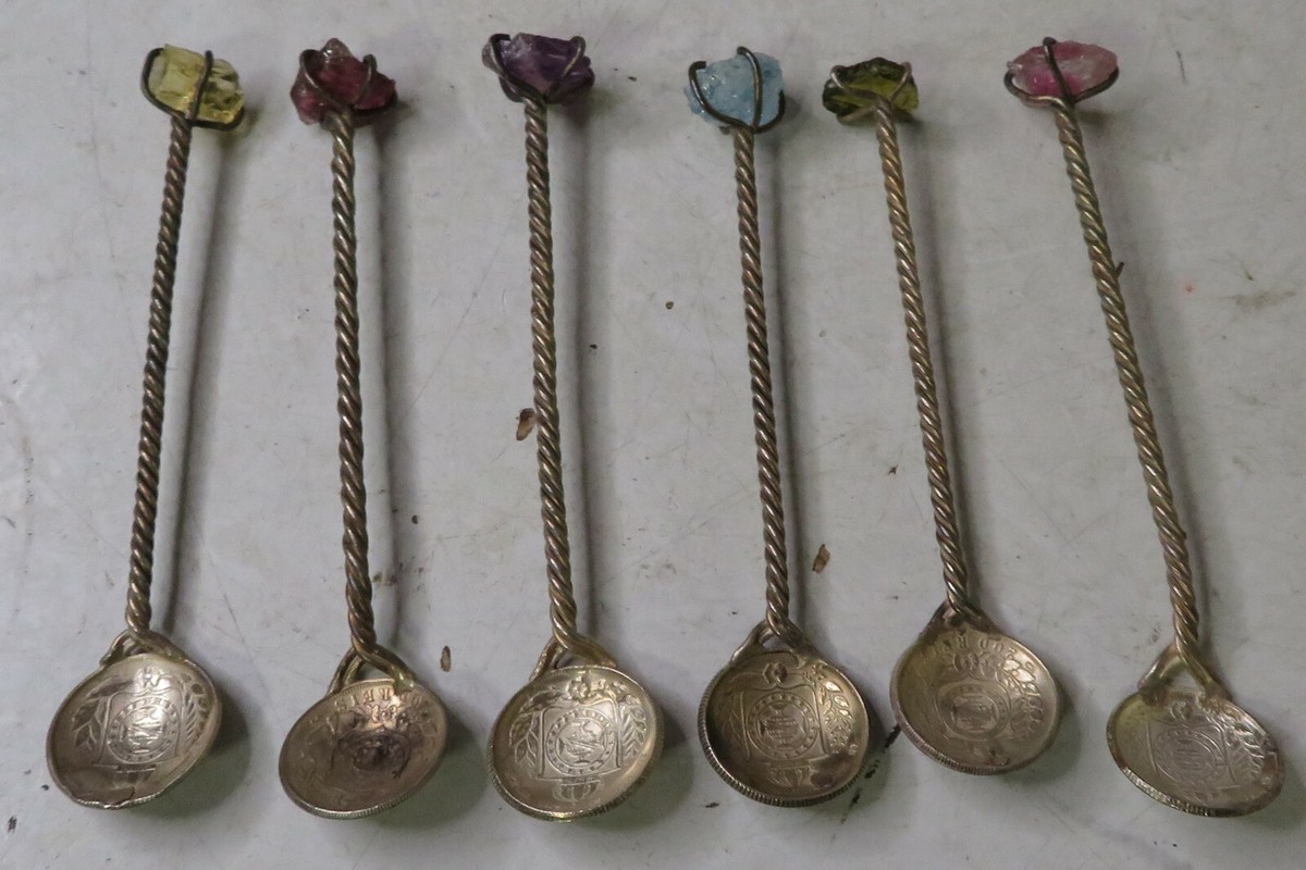 Very Rare VINTAGE Silver & Stone Coin Spoon SET OF 6 Brazil 1800's