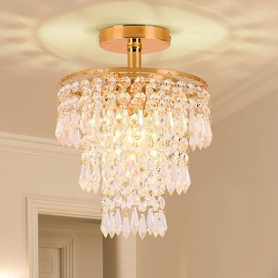 FRIXCHUR Mini Size Crystal Chandelier Modern Flush Mount Ceiling Light 3 Tiers R