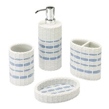 Bathroom Accessory Set, Hand-Painted Resin with Woven Wicker Look Striped...