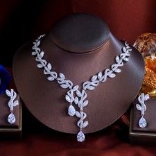 Wedding Bride Leaf Drop Earrings Necklace Silver Plated Zircon Women Jewelry Set