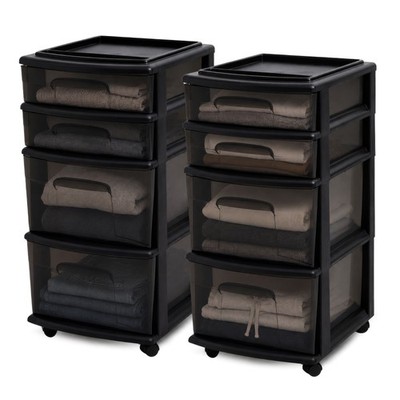 Homz Tall Solid Plastic 4 Drawer Medium Storage Cart with Wheels, Black (2 Pack)