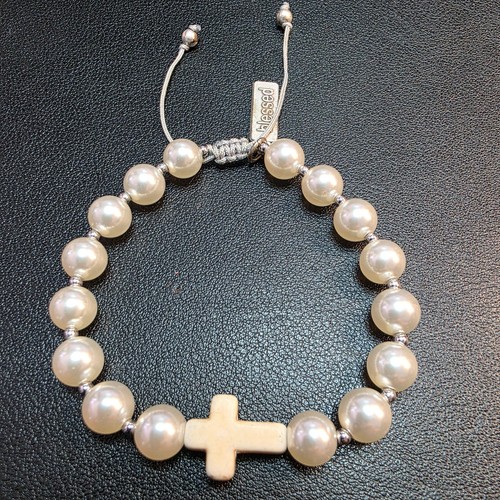 Religious My Saint My Hero Divine Grace Pearl Howlite Cross Bracelet