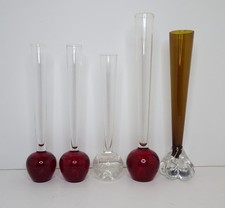 5x Vintage Art Glass Bud Vase Controlled Bubble Red, Clear, Aseda Brown Elephant