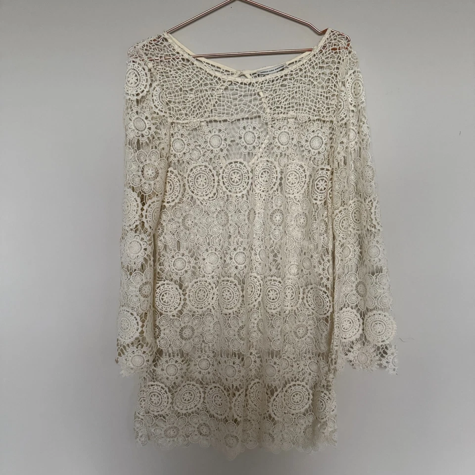 Vestido de mujer American Eagle grande marfil manga campana boho festival ganchillo vaquera Foto 2 de 4