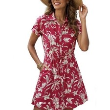 Halston Womens •XXL• Pink Floral Shirt Dress Garden Party Button Front Tie Waist