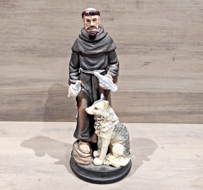 Franz von Assisi 5,5 Zoll Heilige Figur Ornament mit 2 Tauben Schaf Hund bemalt