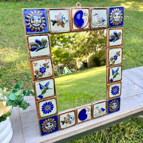 Vintage Handmade Mexican Clay Tiled Wall Mirror | Celestial, Floral, Animal Tile