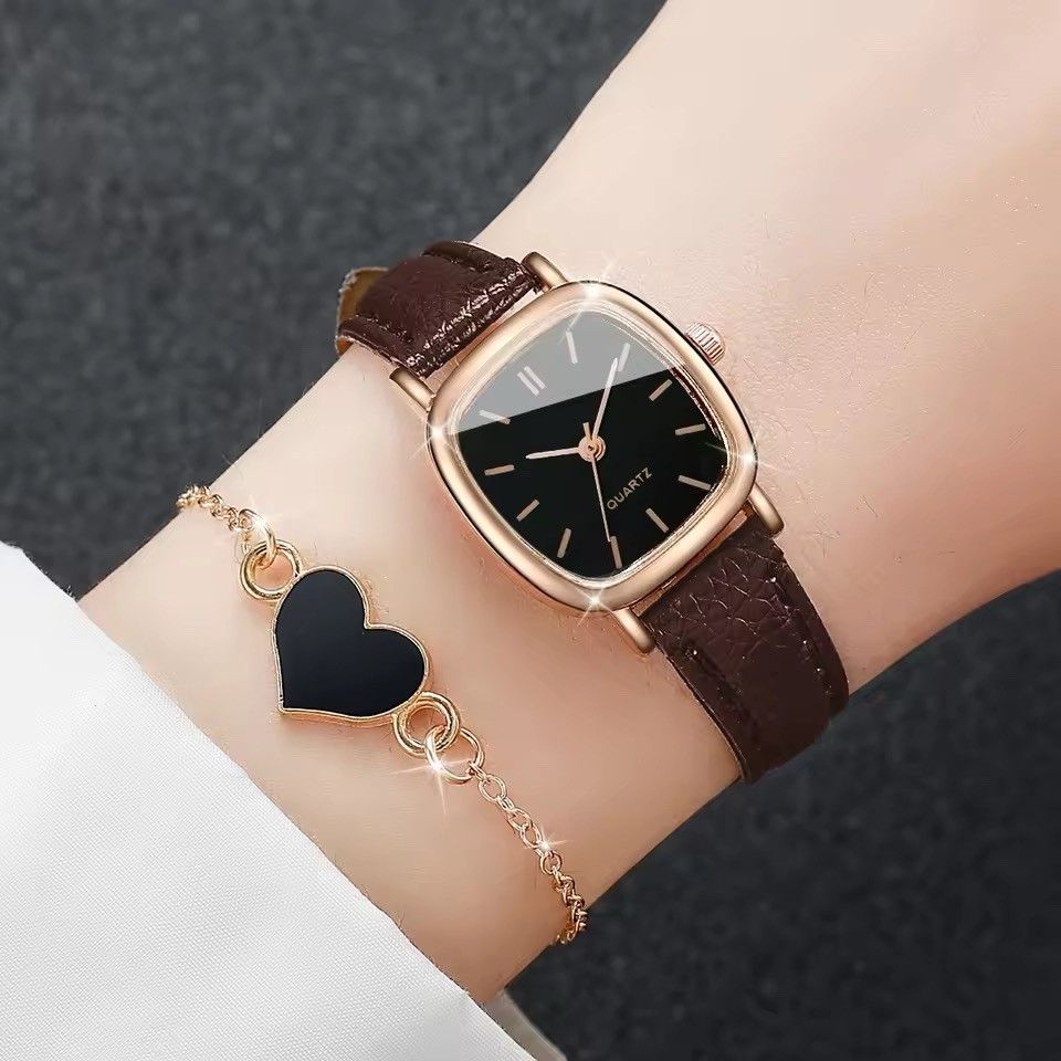 2pc Fashion Square Women Watch with Analog Quartz Movement Heart-Shaped Bracelet