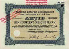 Neudammer Hutfabriken Fritz Schwarzkopf Jahn 1929 Neudamm Neumark Debno 100 RM