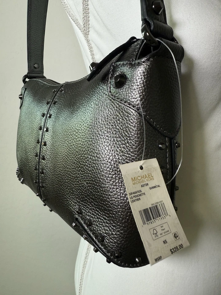 Michael Kors Astor Studded Leather Shoulder Bag Color: Gunmetal NWT $328 - Image 3 of 4