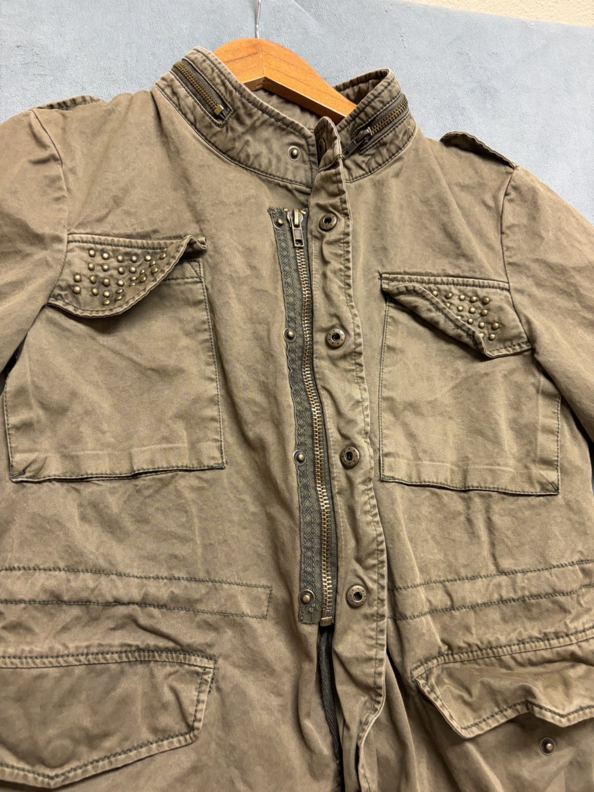 ZARA Basic Studded Military Utility Jacket Green … - image 15