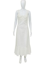 DÔEN Women's White Eyelet Cotton Corset Bust Midi Dress Ruffle Hem Sundress XS