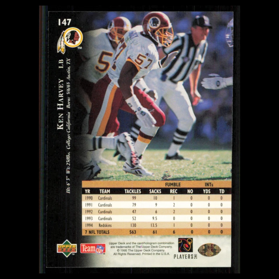 Ken Harvey #147 1995 Upper Deck Washington Redskins Football Card NFL NM - Image 2 of 3