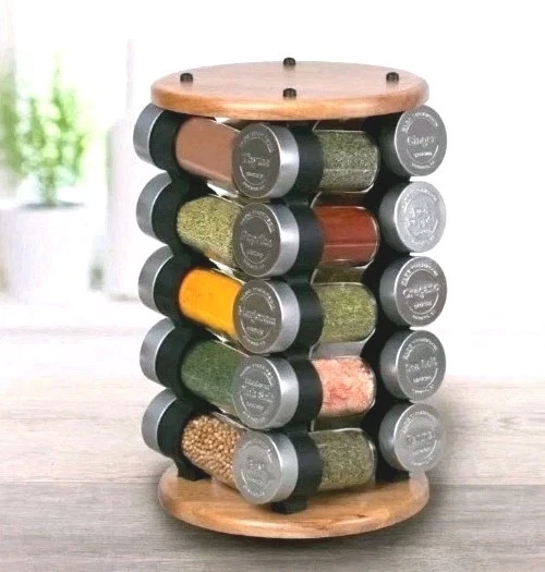 OLDE THOMPSON Acacia Wood 20-Glass Jar Spinning Spice Rack