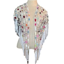 VTG IVORY Crochet Knit Net Scarf Boho Beach Shawl Wrap Festival Beads