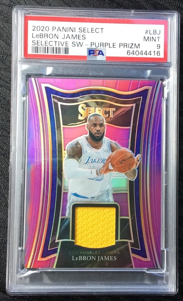 LeBron James , 2020 Panini Select  Purple Swatch #71/99 PSA 9 Mint ,  Lakers