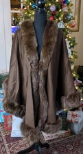 VTG Nina Austin Wool Cashmere Cape/ Shawl with Real Fur Trim Chocolate Brown 