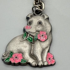 Vintage 1980s Pig Raw Cliffe Pewter Keychain Key Ring Fob Pink Floral Flower