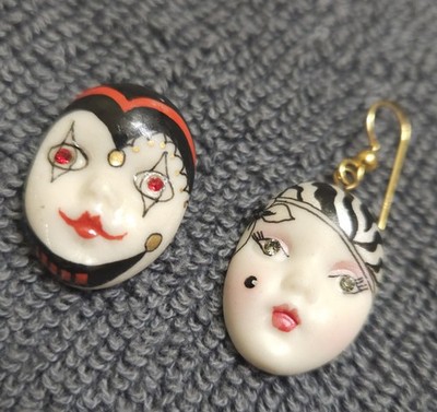 Signed Vintage Adagio Porcelain Brooch and Earring with Swarovski Crystals