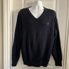 GANT Sweater Mens XL Navy Cotton Jumper V Neck Pullover Golf