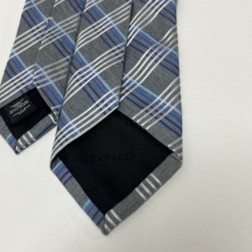 Express Men's Neck Tie - Gray Silver Blue Plaid Slim Width Woven Texture - Picture 4 of 7
