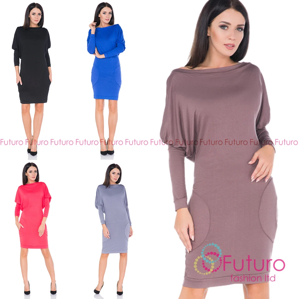 FUTURO FASHION Ladies Above the Knee Bodycon Batwing Boat Neck Long Sleeve Office Dress 8215