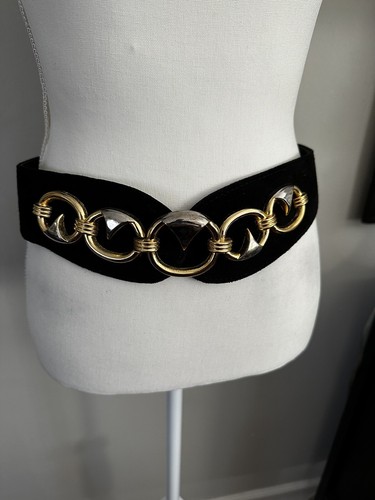 Women Black Belt Suede Statement Wide Modernist Art Deco Gold Tone Buckle 30-34 - Picture 7 of 12