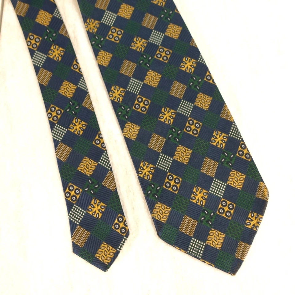 Gravata verde amarela geométrica seda quadrada geo check AVON HOUSE  - Imagem 3 de 4