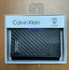 CALVIN KLEIN 110004 Genuine Men Leather TRIFOLD Wallet Valet RFID Carbon Fiber