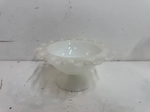 White Milk Glass Scalloped Open Lace Edge Pedestal Candy Dish by Anchor Hocking