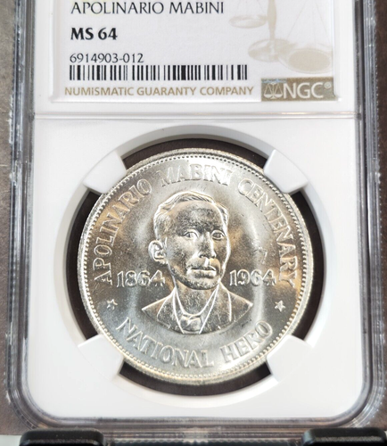 1964 PHILIPPINES SILVER 1 PESO APOLINARIO MABINI NGC MS 64 BEAUTIFUL BU COIN - Picture 3 of 3